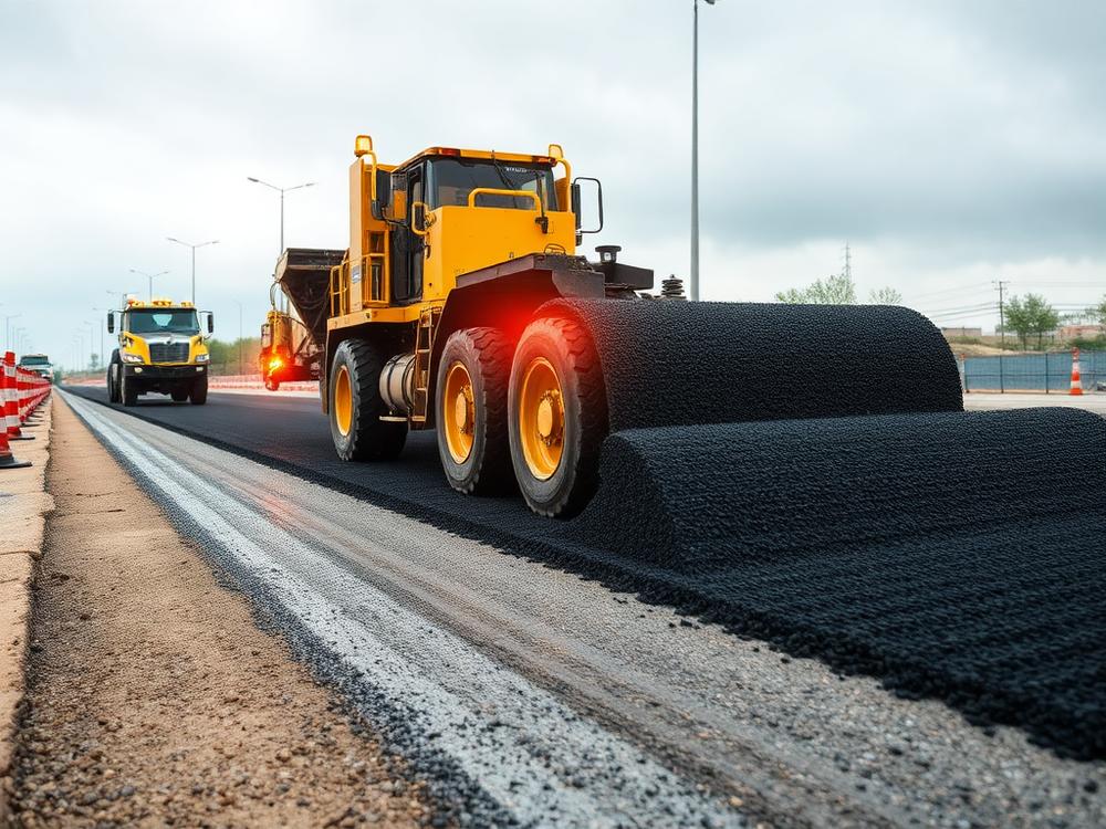 Asphalt paving equipment laying fresh bitumen on a road