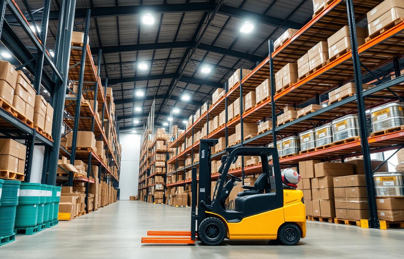 Industrial distribution warehouse with pallet racking and a forklift