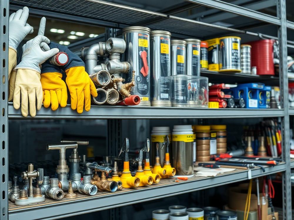 Industrial MRO supplies including fittings, gloves and hand tools on shelving