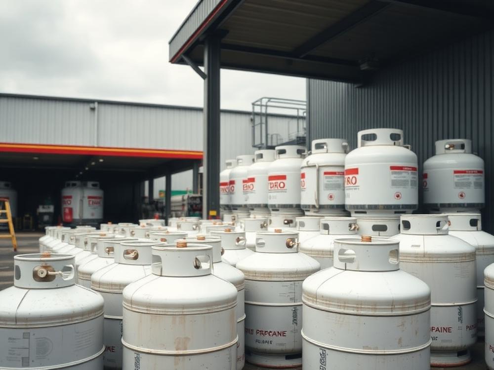 Rows of industrial propane cylinders stored at a supply depot