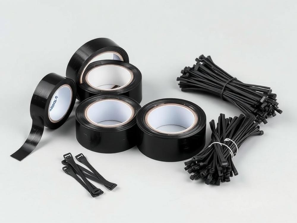 Rolls of black electrical tape beside bundles of nylon cable ties